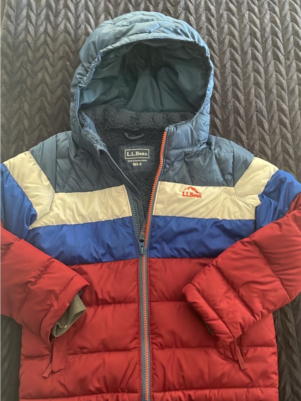 L.L. Bean Kids' Colorblock Puffer Jacket in Red, Blue, Cream